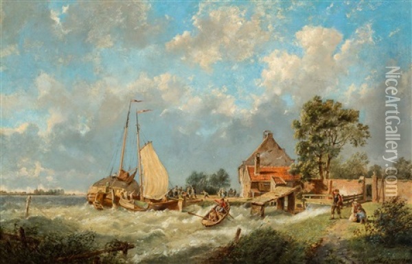 Mooring The Ships, A Storm Coming Oil Painting - Pieter Cornelis Dommershuijzen