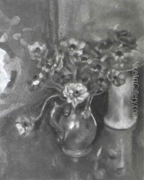 Blumenstilleben Mit Zinnkanne Und Porzellanvase Oil Painting - Aloys Hugonnet