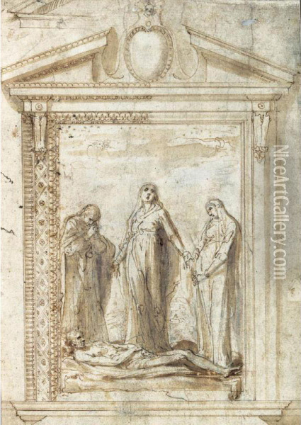 The Lamentation, Within A Design For An Elaborate Frame Oil Painting - Giovanni Del Vecchi