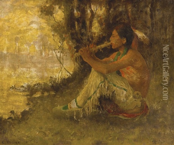 The Flute Player (indian Playing Flute) Oil Painting - Eanger Irving Couse