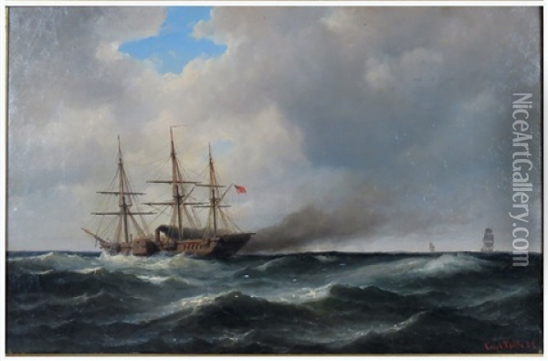 10-gun Steam Frigate Challenging A Blockade-runner Oil Painting - Carl Ludwig Bille