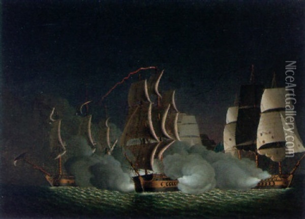 A Naval Engagement Oil Painting - Thomas Buttersworth