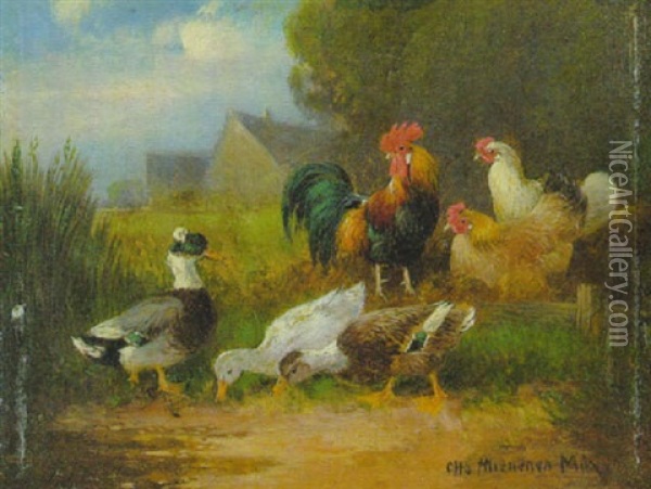 Hahn, Huhner Und Enten An Einem Wasser Oil Painting - Otto Scheuerer