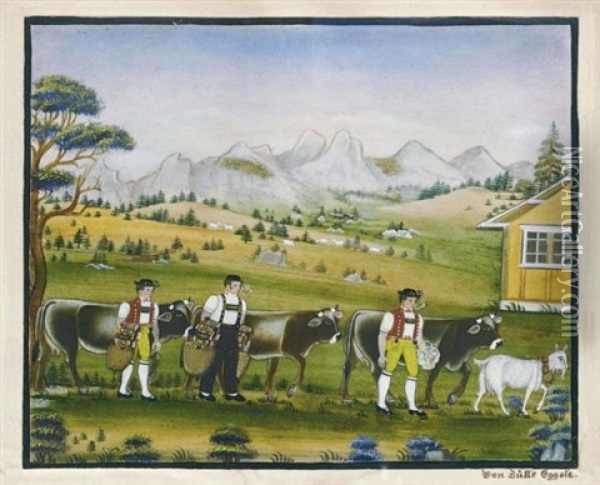 Drei Sennen, Zwei Beim Schellen Schutteln (three Senns, Two Ringing Bells) Oil Painting - Johannes Zuelle