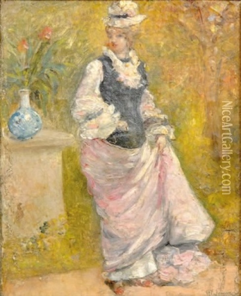 Portrait De Jeune Femme En Pied Au Chapeau A Cote D'un Vase De Fleurs Oil Painting - Henry Somm