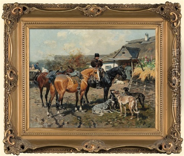 Rider With Greyhounds Oil Painting - Jozef Brandt