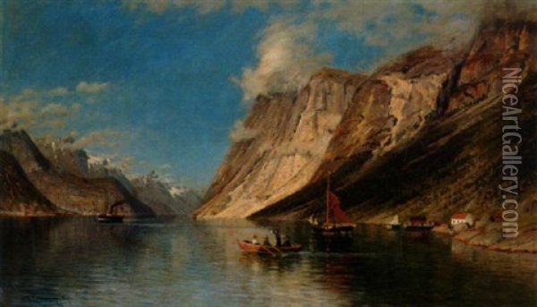 Fjordlandskap Med Angbat Och Sallskap I Roddbat Oil Painting - Adelsteen Normann