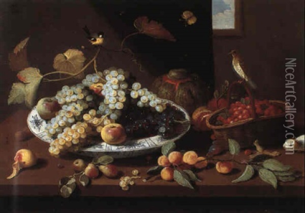 Still Life With Fruit, A Hamster And Birds On A Wooden Table Oil Painting - Jan van Kessel the Younger