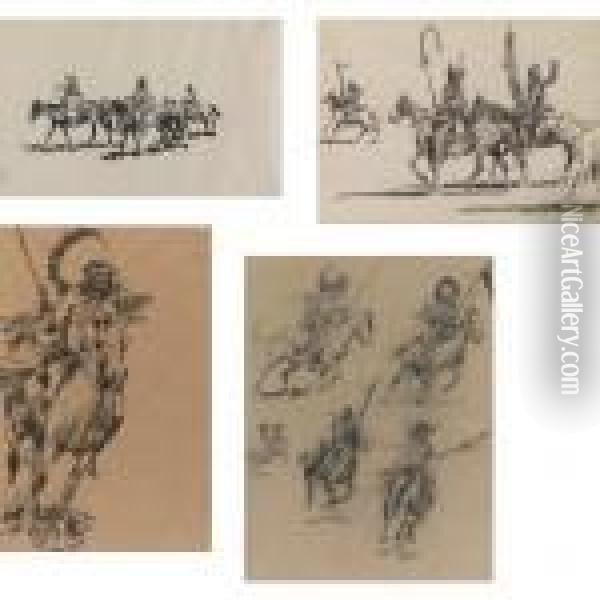 Studies Of Indian Riders And Horses: Four Drawings Oil Painting - John Edward Borein