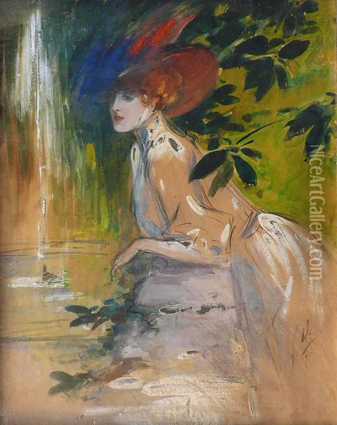 Elegante Ala Robe Blanche Oil Painting - Georges Dola