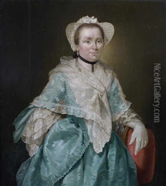 Portrait Of A Lady, In A Blue Silk Dress, A White Lace Shawl And A White Bonnet Oil Painting - Jacob Buys