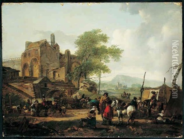 Scene De Campement Militaire Devant L'entree D'un Village Oil Painting - Claude Michel Hamon Duplessis