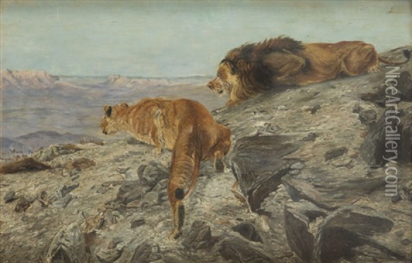 Hunting Lions Oil Painting - Richard Bernhardt Louis Friese