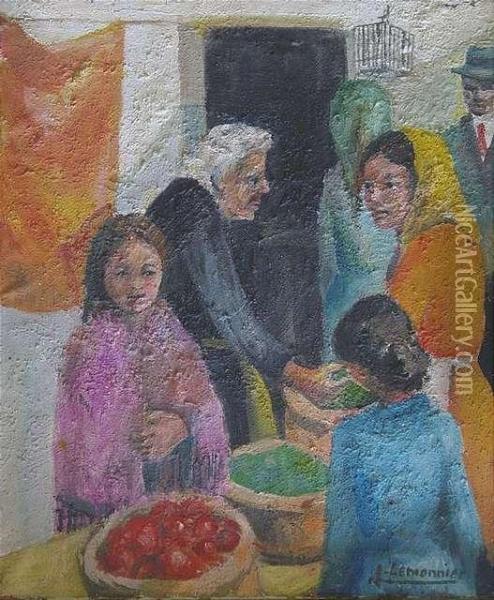 Market Scene. Oil And Sand On Canvas. Signed. - At The Lower Corners Small Part With Loss Of Canvas. Small Parts With Loss Of Colour. Slight Craquele Oil Painting - Lucie Lemonnier