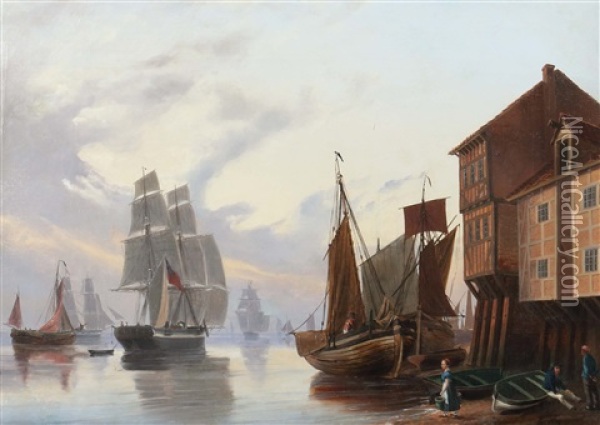 Schiffe Im Hafen Vor Der Stadt Oil Painting - Curt Victor Clemens Grolig