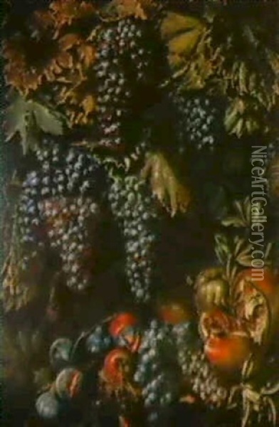 Grappes De Raisins, Figues Et Grenades Sur Un Entablement Oil Painting - Pierre Antoine Lemoyne