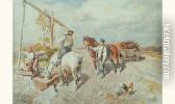  Paysans Et Leurs Chevaux A L'abreuvoir  Oil Painting - Gregor Von Bochmann