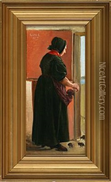 Old Woman Feeding Ducklings In The Doorway Oil Painting - Carl Heinrich Bloch