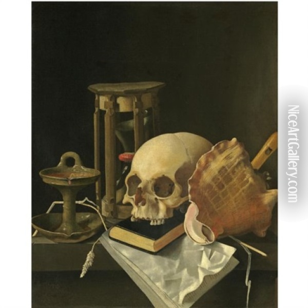 A Vanitas Still Life, With A Skull, An Hourglass, An Oil Lamp, A Conch Shell, A Closed Book, A Recorder, A Musical Score, Together With Some Scattered Ears Of Corn, All Upon A Stone Ledge Oil Painting - Adriaen Coorte
