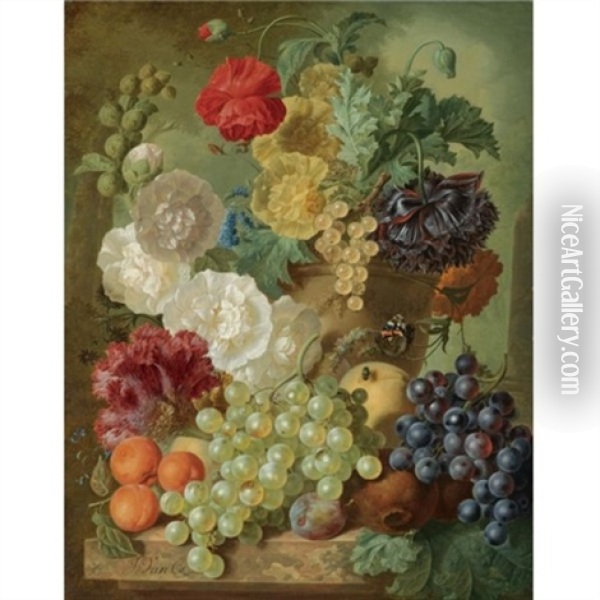 A Still Life With Hollyhocks, Poppies, An Anemone, Other Flowers And White-currants In A Terracotta Vase, With Apricots, White And Black Grapes, Pomegranates And A Plum, All Arranged On A Marble Ledge Oil Painting - Jan van Os