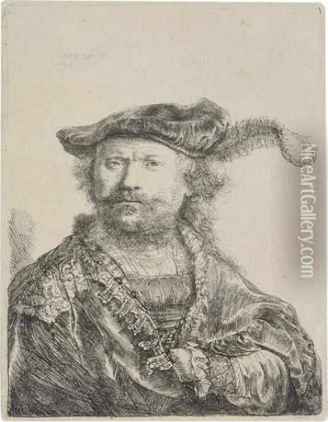 Self Portrait In A Velvet Cap With Plume Oil Painting - Rembrandt Van Rijn