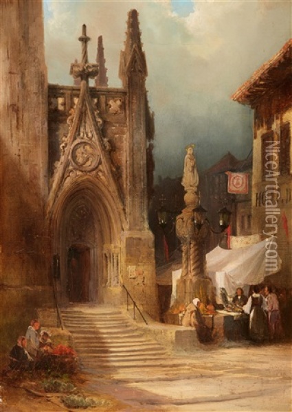 Side Portal Of A French Cathedral (possibly Autun) Oil Painting - Karl Georg Anton Graeb