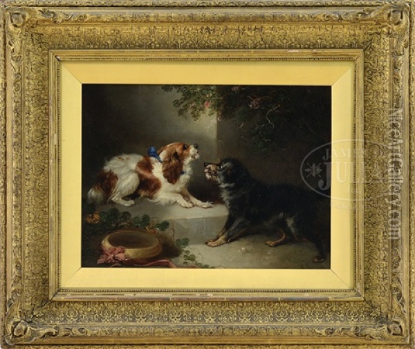 A Spaniel And Terrier Meet Oil Painting - George Armfield
