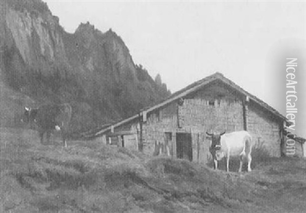 Stall Mit Zwei Kuhen Vor Steiler Felswand Oil Painting - Albert Lugardon