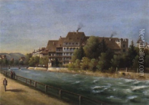 Blick Auf Promenade Und Hauserzeile Am Flus Oil Painting - Hubert Sattler