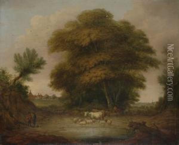 A Wooded Landscape With Shepherds With Their Livestock Grazing In A Field, A Village Beyond. Oil Painting - William Woodall