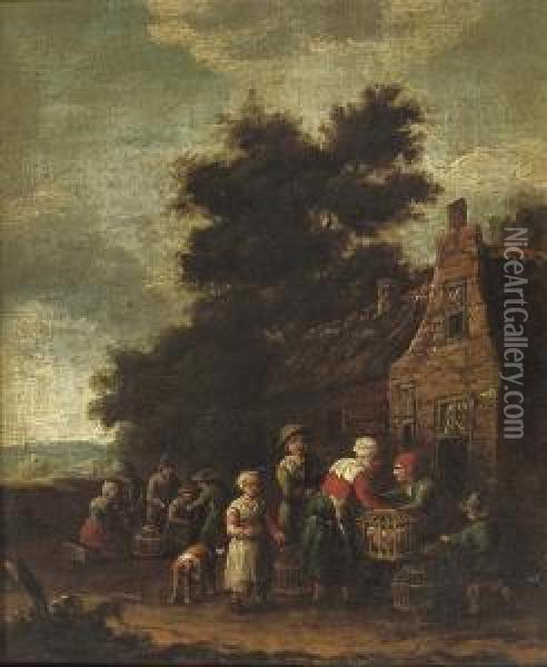 A Small Poultry Market Near A Farm Stead In A Wooded Landscape Oil Painting - Barent Gael