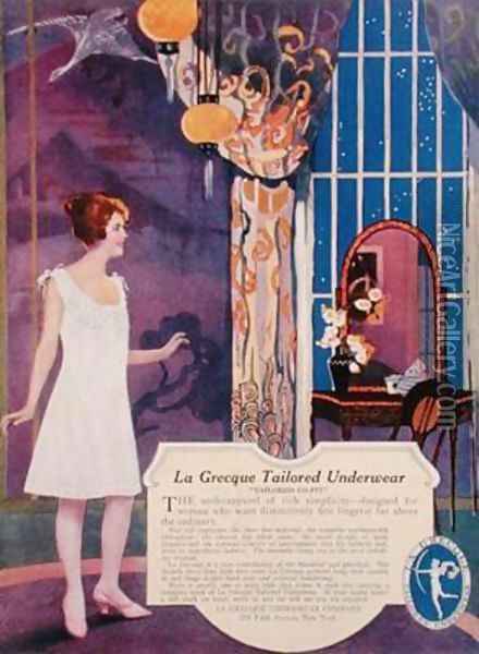 Advertisement for La Grecque tailored underwear oil painting reproduction  by O. Carter 