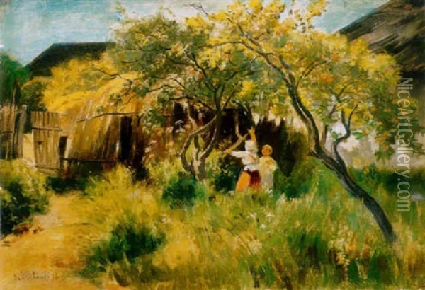 Gyumolcsszuret (fruit Harvest) Oil Painting - Lajos Deak Ebner