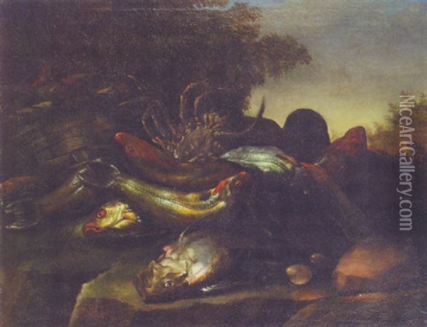 Dead Fish And A Crab By A Creel On A Bank Oil Painting - Giuseppe Recco