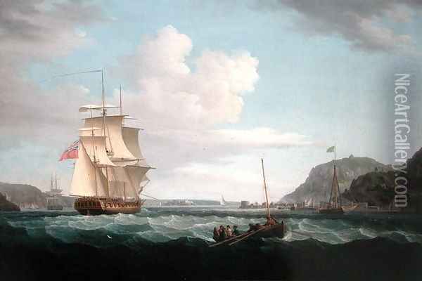 A British Frigate with a Longboat off the Headland of Gallows Hill, Broad Bay, Isle of Lewis, Hebrides Oil Painting - Thomas Whitcombe