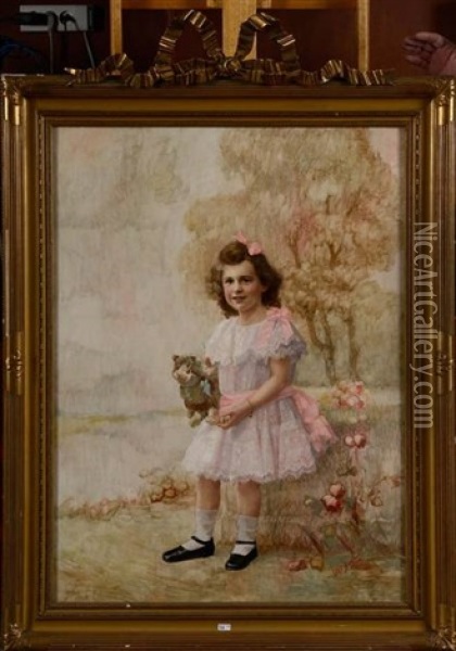 Portrait D'une Fillette En Pied Portant Sa Peluche Oil Painting - Ferdinand Buyle