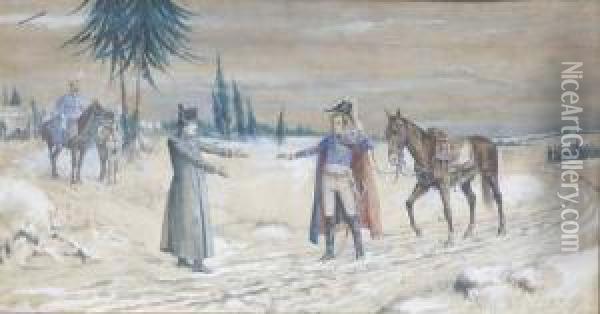 Napoleon Greeting Another Officer In The Road Oil Painting - E. P. Turner