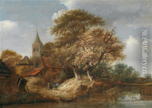Ein An Einem Gewasser Liegendes Dorf Mit Bauerlicher Staffage Oil Painting - Jan Vermeer van Haarlem the Younger