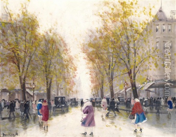 A Parisian Street Scene Oil Painting - Antal Berkes