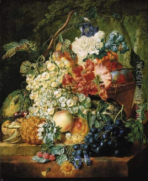 Grapes On The Vine, Peahces And Plums In A Basket, A Pineapple, Cherries, Raspberries And Other Fruit, With Morning Glory And Other Flowers Oil Painting - Wybrand Hendriks