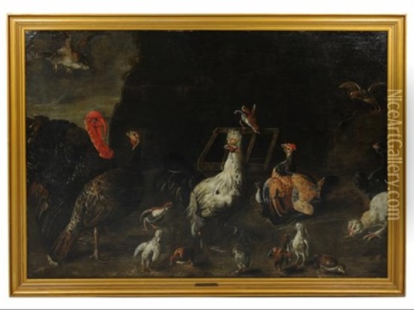 Turkey And Other Down In A Yard Oil Painting - Melchior de Hondecoeter