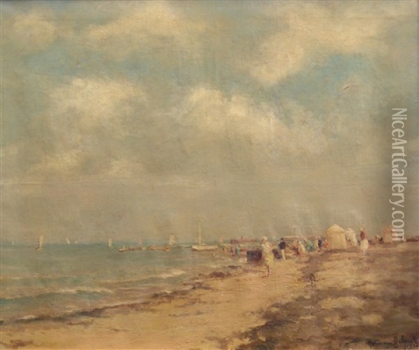 Belebte Strandszene Bei Arcachon Oil Painting - Hermann Delpech