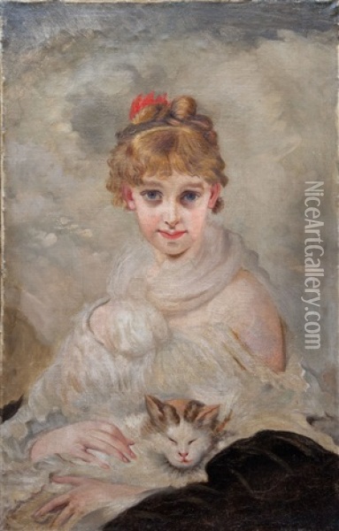 Madchenportrait Mit Katze Oil Painting - Charles Joshua Chaplin