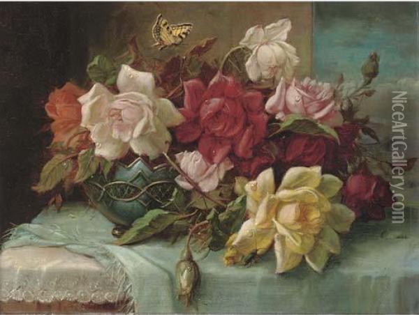 Roses In An Ornamental Vase By A Casement Oil Painting - Hans Zatzka