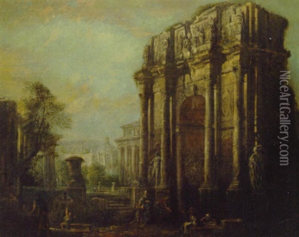 A Capriccio Of Roman Ruins With The Arch Of Constantine And Figures In The Foreground Oil Painting - Giovanni Ghisolfi