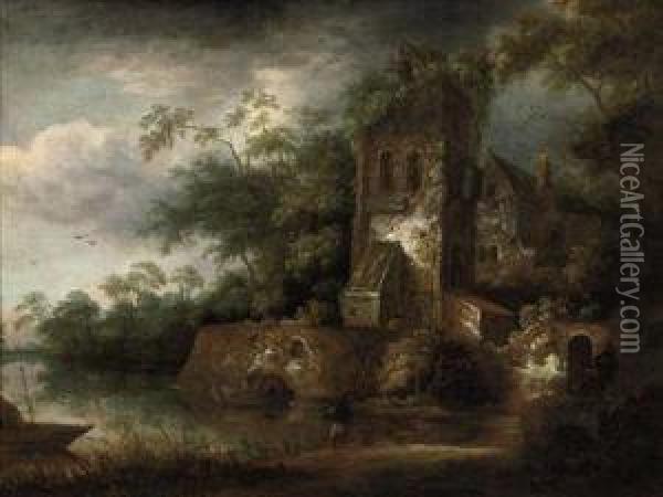 A Wooded River Landscape With Fishermen Near A Ruined Tower Oil Painting - Roelof van Vries