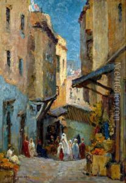 Rue Animee Dans La Casbah D'alger Oil Painting - Eugene Jules Delahogue