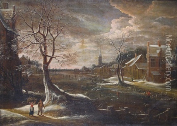 Dutch Winter Landscape With Skaters On A River Oil Painting - Hendrick Avercamp