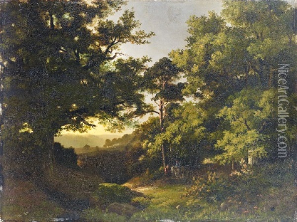 Romantisch Beleuchtete Wald- Und Hugellandschaft Mit Figurenstaffage Oil Painting - Johann Wilhelm Schirmer