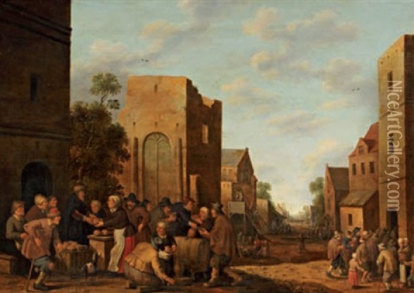 Scene De Village Hollandais (in 3 Parts) Oil Painting - Joost Cornelisz. Droochsloot